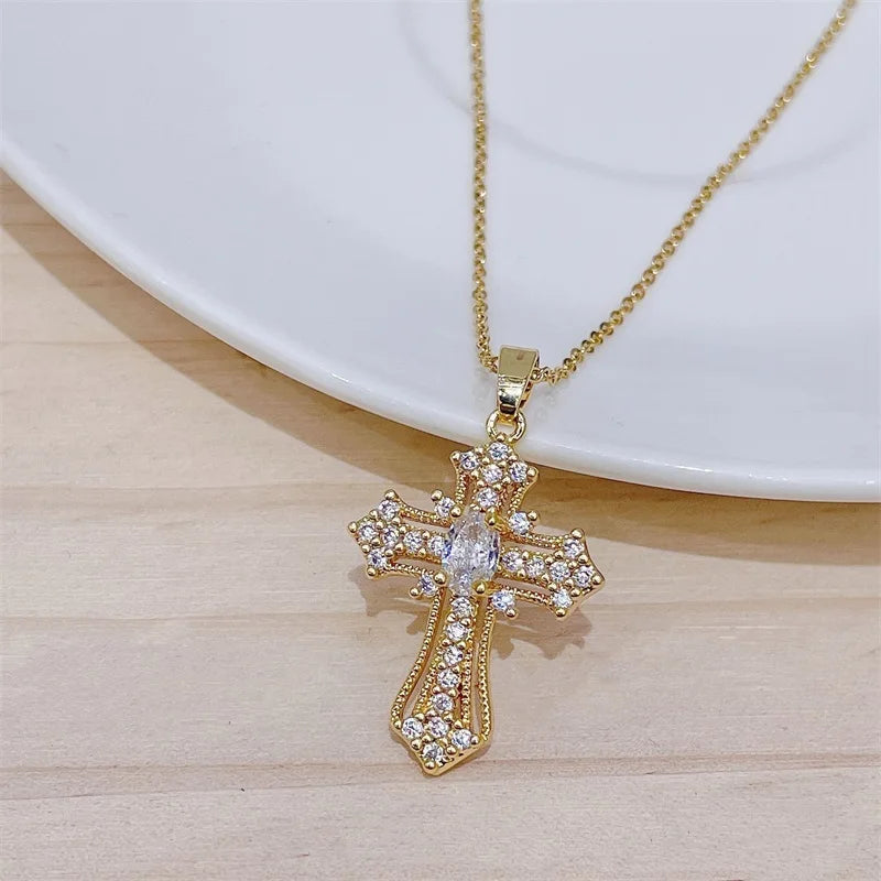 No-EN-Name-Null Women European-American Stainless Steel Gold-Plated Metal Imitation Jewelry O-Chain Shiny Clear White Diamond-Like-Multicolor Gemstones Large Punk Cross Pendant Necklaces/Colors-Multicolor/Clear/Pink/Gold/Geometric