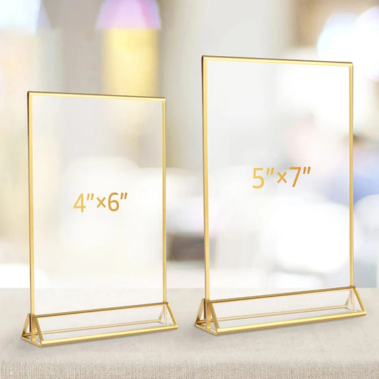 Indoor Gold Edge Color Rectangle Rounded Corner Transparent Clear Acrylic Tabletop Flyer Holder Display Stand Triangle Frame Base/2 Sizes: 4  x 6 Inches-5  x 7 Inches