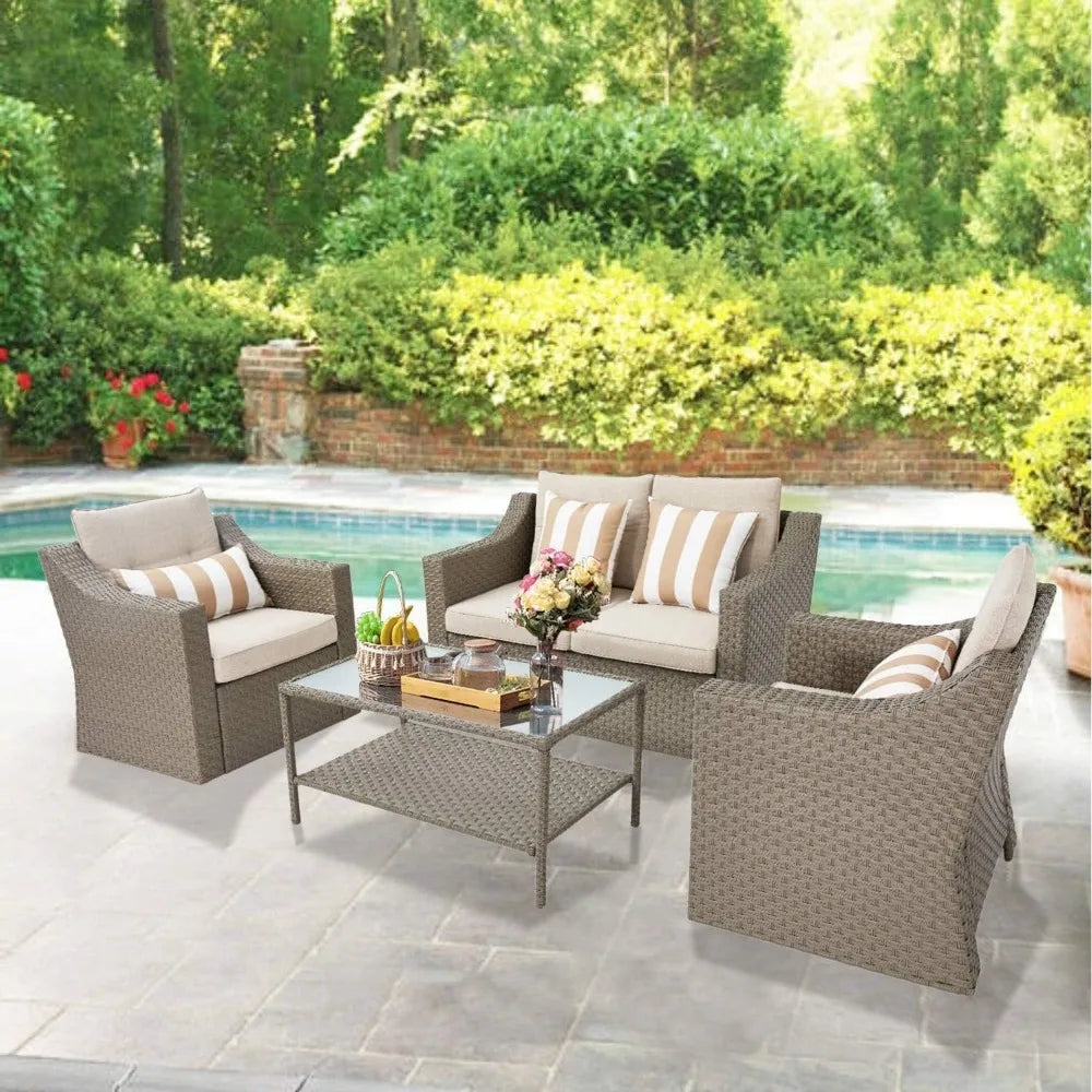 No-EN-Name-Null Outdoor Modern Manhattan Series 7-PCS All-Weather Brown Rattan Wicker Iron Metal Frame Patio Furniture Sets/2 Chairs /2 Ottoman/Loveseat /Glass Top End-Coffee Tables/ Striped Pillows/Colors-Beige/Brown/Striped/Multicolor