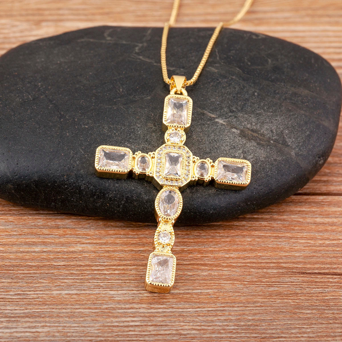 NIDIN Adults Fine Imitation Religious Christian CROSS AAA Large Size Cubic Zirconia Geometric Multicolor-Shiny Clear White Diamond-Like Accents Stones Copper-Gold-Plated Metal Pendant Chain Link Necklaces/Colors-