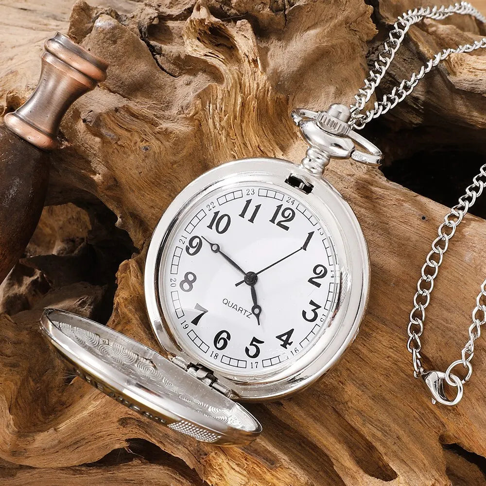 No-EN-Name-Null Adults Antique Waterproof Quartz Analog Display Glass Face Metal Alloy Round Shaped Case Silver Background Engraved In Gold THE GREATEST DAD On The Front Pendant Chain-Pocket Watches