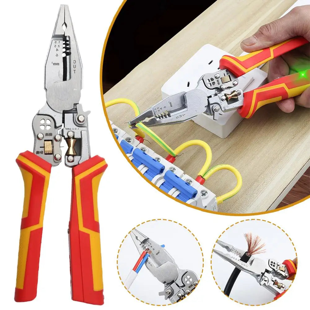 No-EN-Name-Null 9-in-1 Heavy-Duty Non-Slip Multicolor Handle Grip Enlarged Professional Petal Four-Hole Winding Built-in Electricity Current Meter Steel Metal Pliers Adjustable Jaws Sharp Wire Strippers/Colors-Red/Green/Yellow/Silver/Black/Multicolor