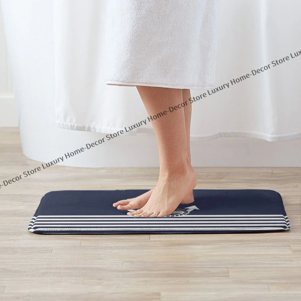 No-EN-Name-Null Indoor-Outdoor Machine-Made Waterproof Non-Slip Wrinkle-Resistant Polyester Flannel Fabric Printed Nautical Rope White Striped Blue Anchors Design Rectangle Floor Doormats/Size: 40cm x 60cm  16 x 24 inches