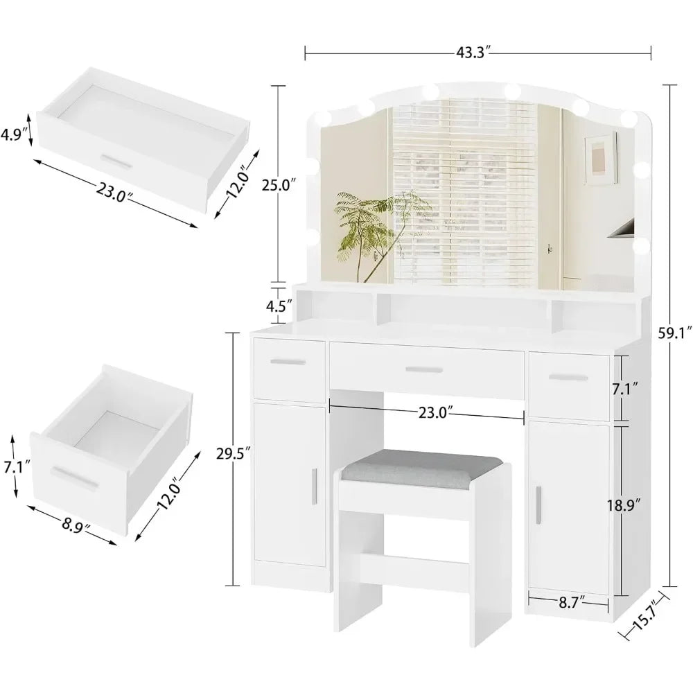 NULL Women White Modern 10 Built-In LED Lights Bulbs Large Mirror Makeup Three Drawers Wood Vanity Desks/2 Side Cabinets/ Long Storage Shelf /Soft Cushioned Stool/Colors-Black/White/Gray