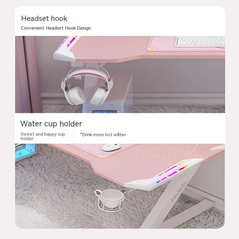 NULL Pink-Black Bamboo Wood Z-Shaped Design Rectangle Shaped Top LED-RGB Lights Gaming Computer Desks/Water Cupholder/Adjustable Feet/Remote Control/ Size: 80/100/120CM