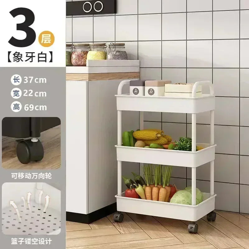 3-5 Tiers Plastic Kitchen Shelves Storage Caddies/4 Wheels/Colors-White/Black