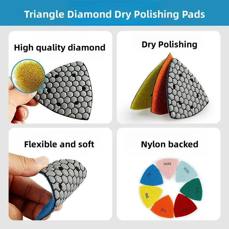 OKERQI 7 PCS Soft Flexible Multicolor Triangle Resin-Diamond Dry Abrasive Marble-Granite-Concrete Stone Sanding Coarse to Fine Polishing Pads Sets/Colors-Multicolor/Geometric/Gray/Size: 90 x 90 x 90mm