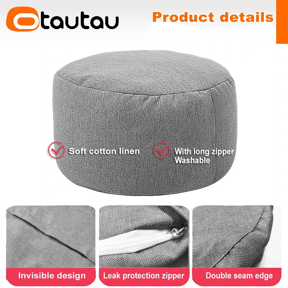 OTAUTAU One Person Small Gray Round Removable Cover Cotton-Linen Bean Bag Pouf Long Zipper Footstool Ottomans/ With Bean Bag Filling/Colors-Gray/Blue/Red/Orange/Pink/Yellow/Beige/White/Multicolor/Machine Washable-Dryer Safe