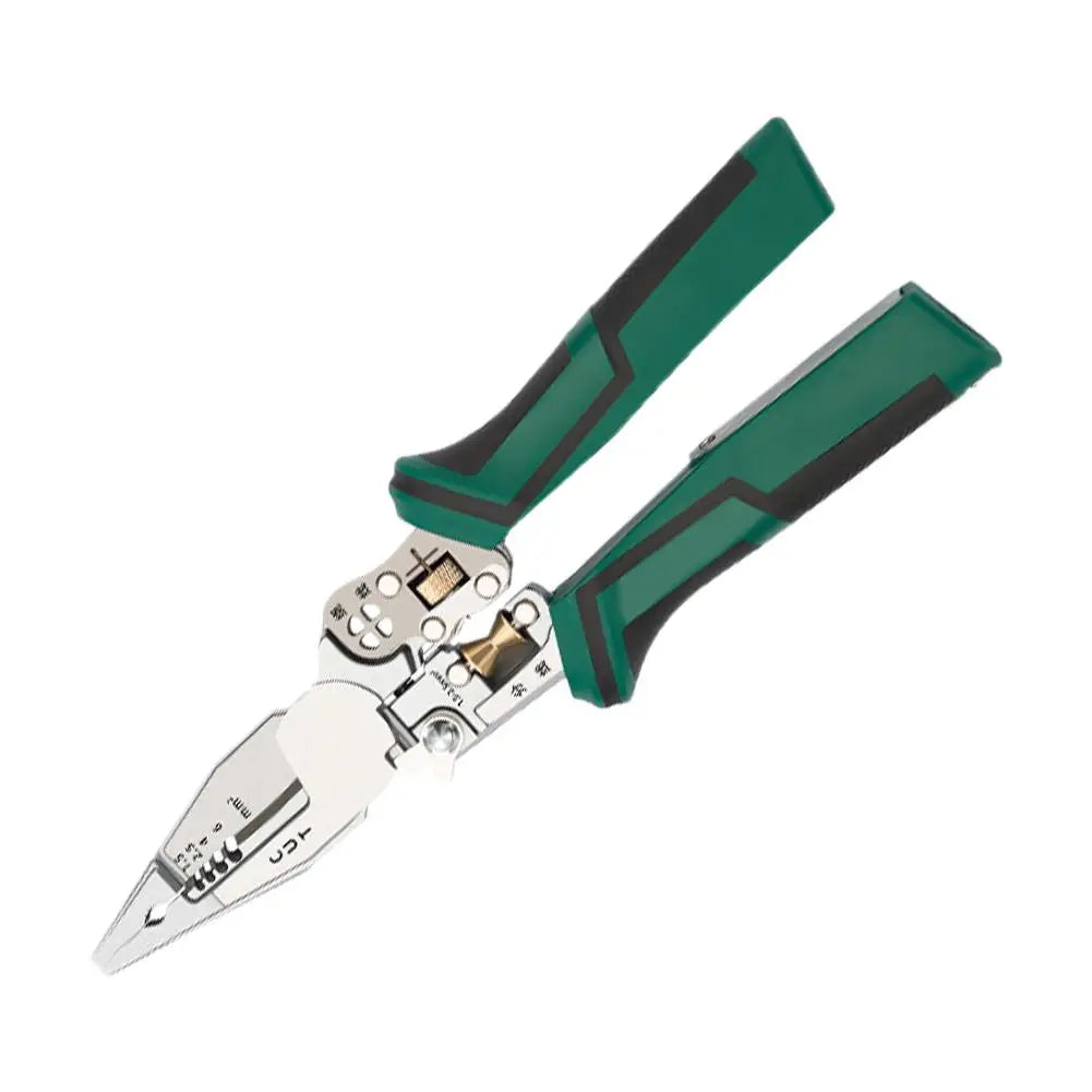 No-EN-Name-Null 9-in-1 Heavy-Duty Non-Slip Multicolor Handle Grip Enlarged Professional Petal Four-Hole Winding Built-in Electricity Current Meter Steel Metal Pliers Adjustable Jaws Sharp Wire Strippers/Colors-Red/Green/Yellow/Silver/Black/Multicolor