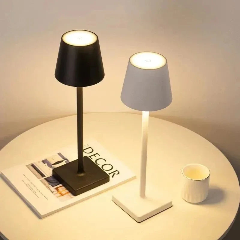 ATCOMM Waterproof Tricolor Stepless Dimming Warm-Cool White LED Lights Black-White Downward ABS Plastic Shade Round Tubular Cylindrical Square Flat Metal Base USB Charging Port Built-In Rechargeable Battery Adjustable Desktop Lamps