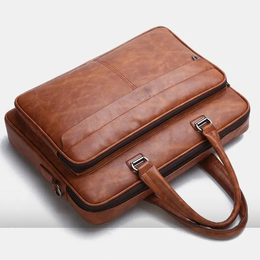 Men Large Faux Leather Waterproof One Shoulder Strap-Handle Crossbody Design Document Bag Briefcase/Zipper/Polyester Lining/ For Tablet-IPAD/Fits 15 Inch IPAD-Tablet Colors-Brown/Black
