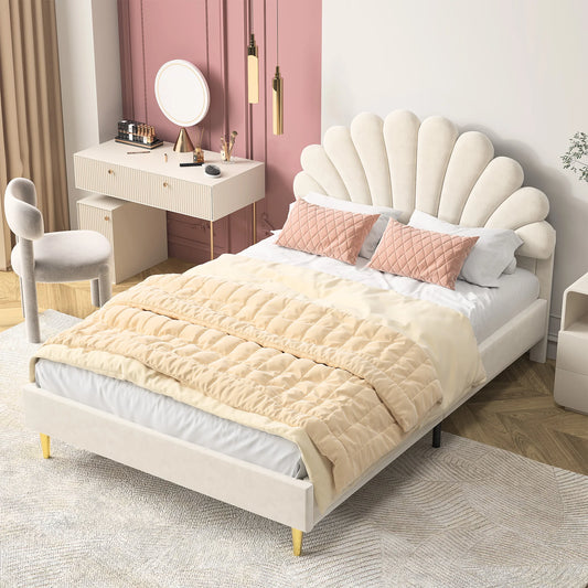 No-EN-Name-Null  Modern Upholstery Padded Flower Shaped Soft Velvet Headboard Platform Bed FRAMES / WITHOUT MATTRESS-DRAWER/ Headboard-Slats/Dimensions: 206cm L x 100cm W x 110.5cm H /Colors-Beige/Burgundy/Pink/ Load Capacity: 440.925 LBS