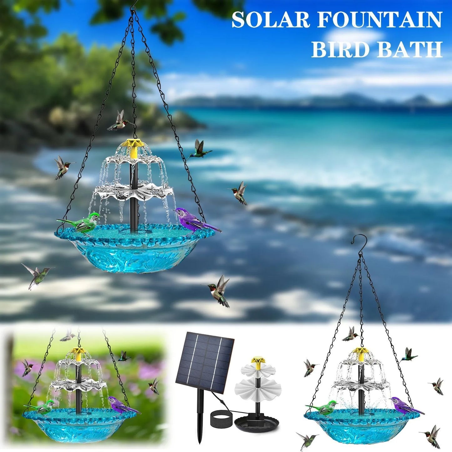 No-EN-Name-Null Outdoor Hanging Bird Bath Black Metal Chains Plastic Blue Floral Bowl Body Solar-Powered Multi-Functional Water Basin Bird Bath-Feeder-Drinking Bird Baths/ Colors-Blue/Black/Yellow/Floral
