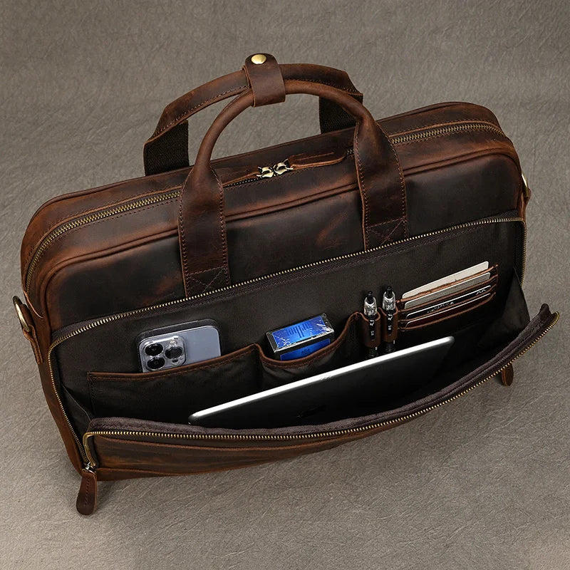 NEWSBIRDS Men Modern Rectangle Shaped Brown-Black Genuine Cowhide Leather Built-In 14-15.6 Inch Single Laptop Compartment Metal Zipper Two Handles-Detachable-Adjustable Shoulder Strap Briefcases
