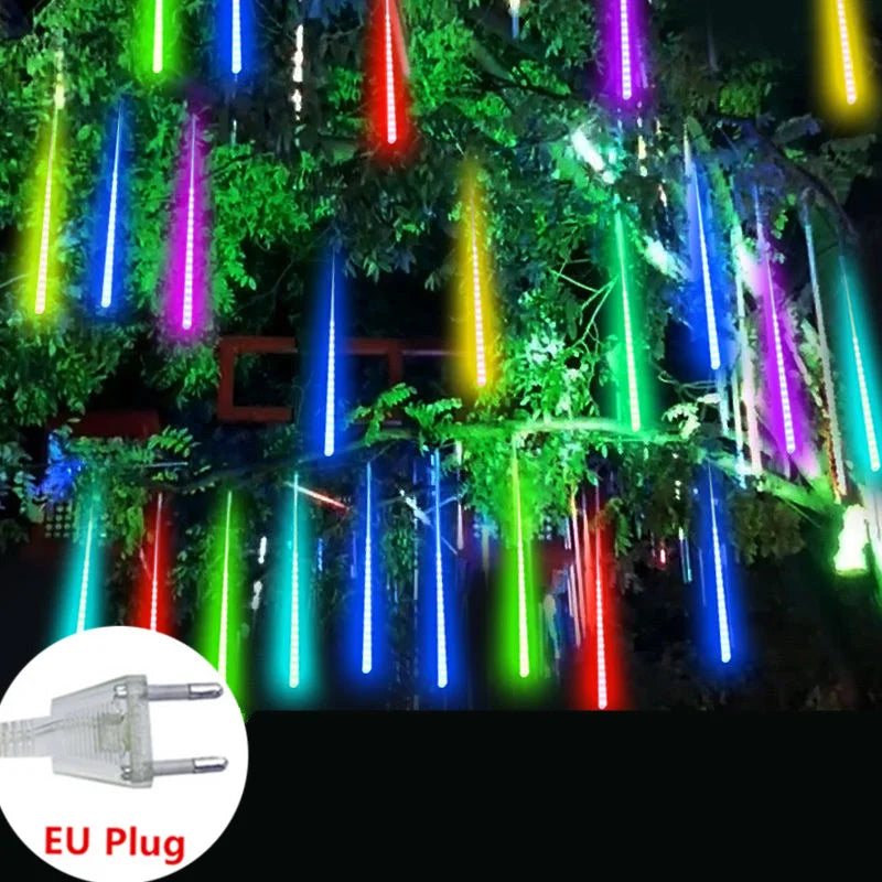 DOMPLA Outdoor Waterproof Multicolor Meteor Shower Effect Long Rain Drop Shaped Warm White LED Garland Light Ropes-Strings/Colors-Multicolor/Blue/White