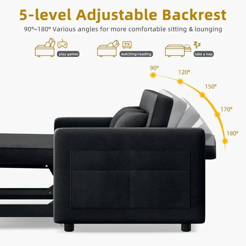 YUJINGXI Indoor Black Modern Morocco Medium Firmness 3-in-1 Sleeper Pull-Out Adjustable Backrest Soft Plush Velvet Fabric Cushions Side Pocket Futon Couches/Colors-Gray/Beige/Black