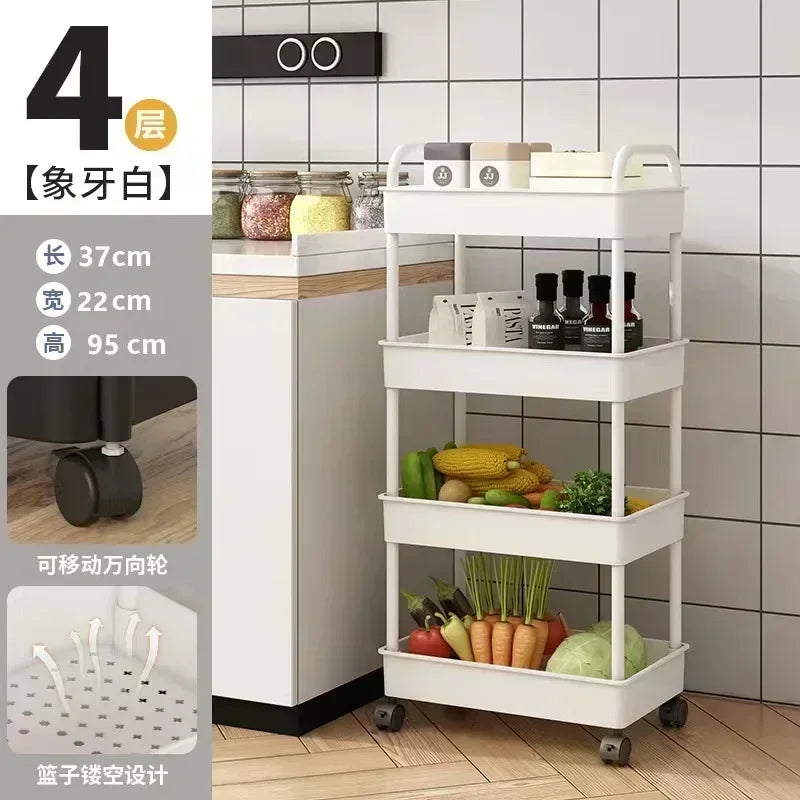3-5 Tiers Plastic Kitchen Shelves Storage Caddies/4 Wheels/Colors-White/Black