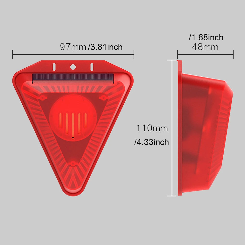 No-EN-Name-Null Outdoor Waterproof Red-Black Triangle Plastic Six LED Solar Alarm Light Four Modes Sensor Flashing-Light Sounds Repels Wild Animals Detector 24-Hours Interval 10-20 Minutes Cycles Home Alarm System/LED BULBS INCLUDED