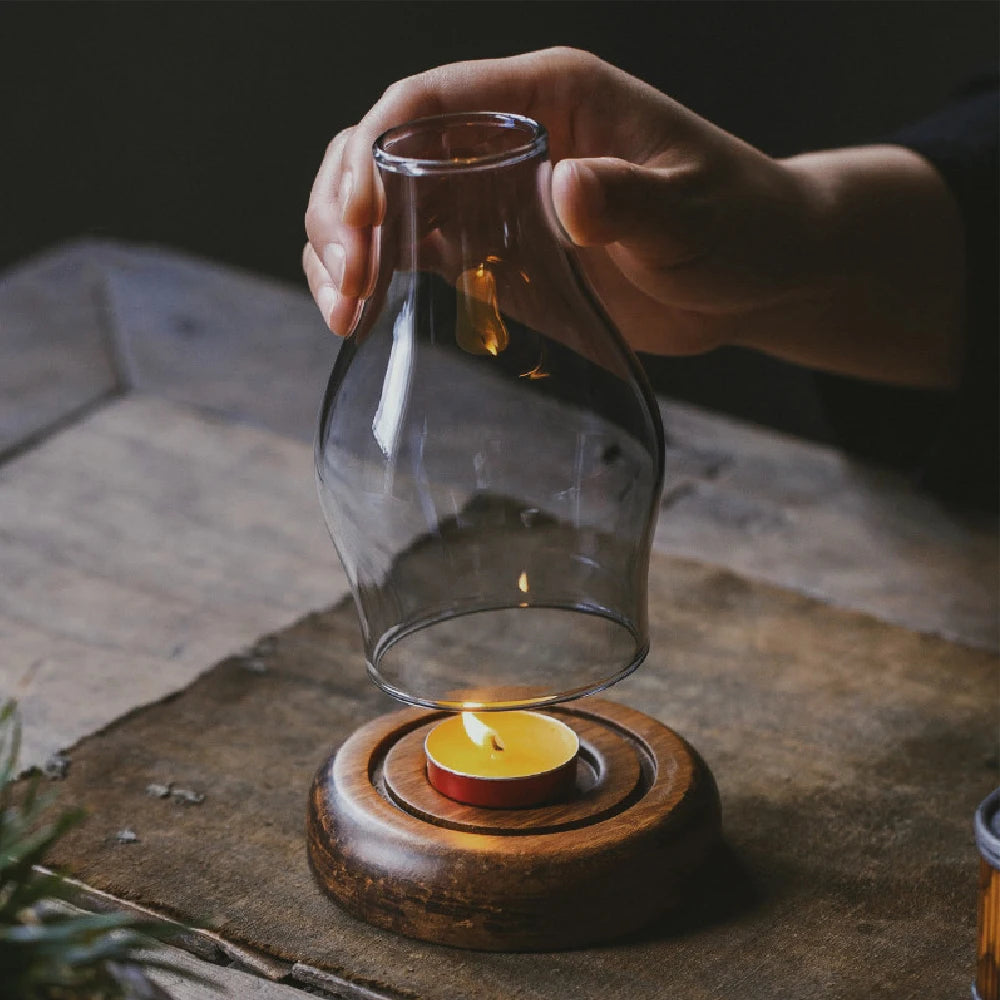 No-EN-Name-Null Classic Small Windproof Clear Glass Shade Brown Bamboo Wood Round Shaped Base Tealight Candle Holders