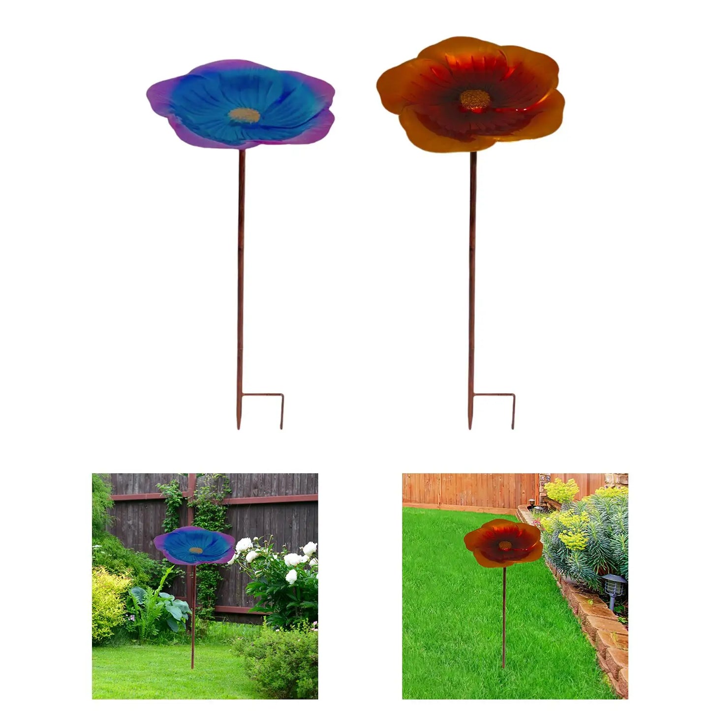 KESOTO Outdoor Garden Free-Standing Floral Pattern Purple-Blue-Gold-Brown Flower Shaped Bird Bath Bowl Black Iron Metal Stake Base Bird Baths
