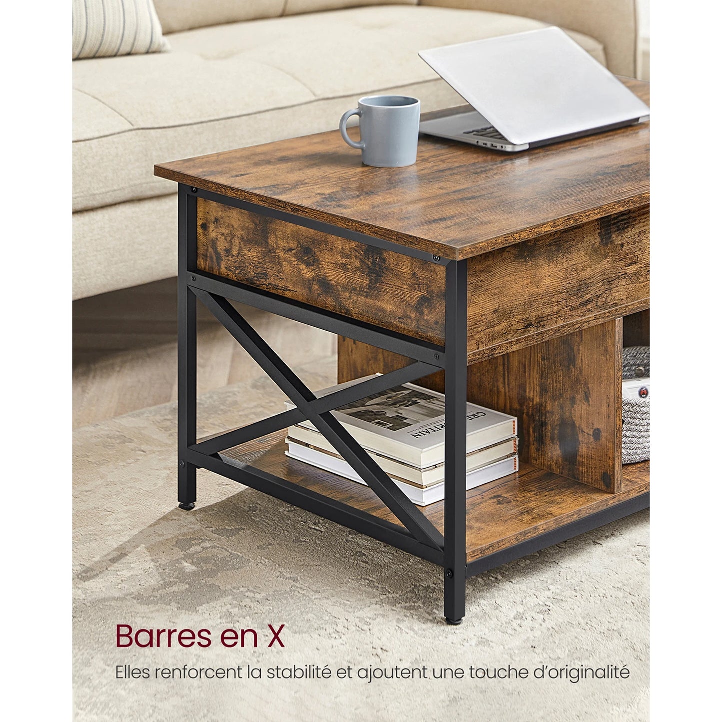 VASAGLE Modern Rustic Brown Lift-Up Wood Table Top Hidden Storage Steel Metal X-Shaped Bars Frame Coffee Tables/Colors-White/Beige/Rustic Brown