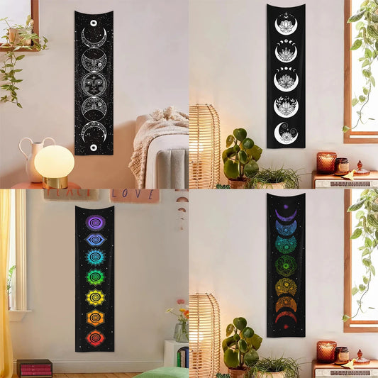 Rectangle Polyester Geometric Black Background White Printed Moon Phrase-Starry Sky Colorful Floral Wall Hanging Tapestries