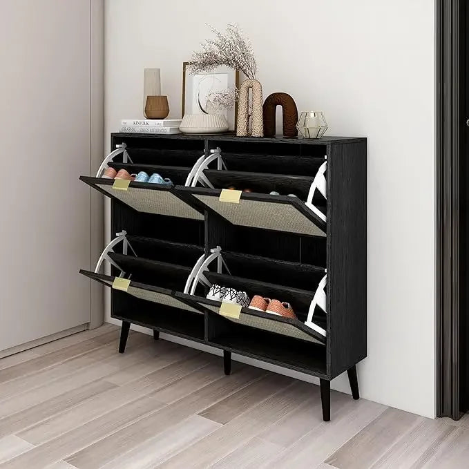 ANGDUO Indoor Beige-Black Natural Rattan 3 Tiers Flip-Out Drawers Free Standing Four Black Metal Feet Shoe Organizers/Product Dimension:9.45"D x 23.6"W x 48.9"H/ Product Weight:41lbs/Assembly Required/Storage Options Also