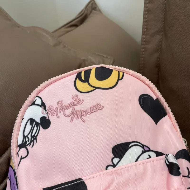Disney Kids Waterproof Pink Nylon Fabric Printed Minnie Mouse Design Single Compartment Two Shoulder Straps-Handle School Backpacks/Pink/Multicolor