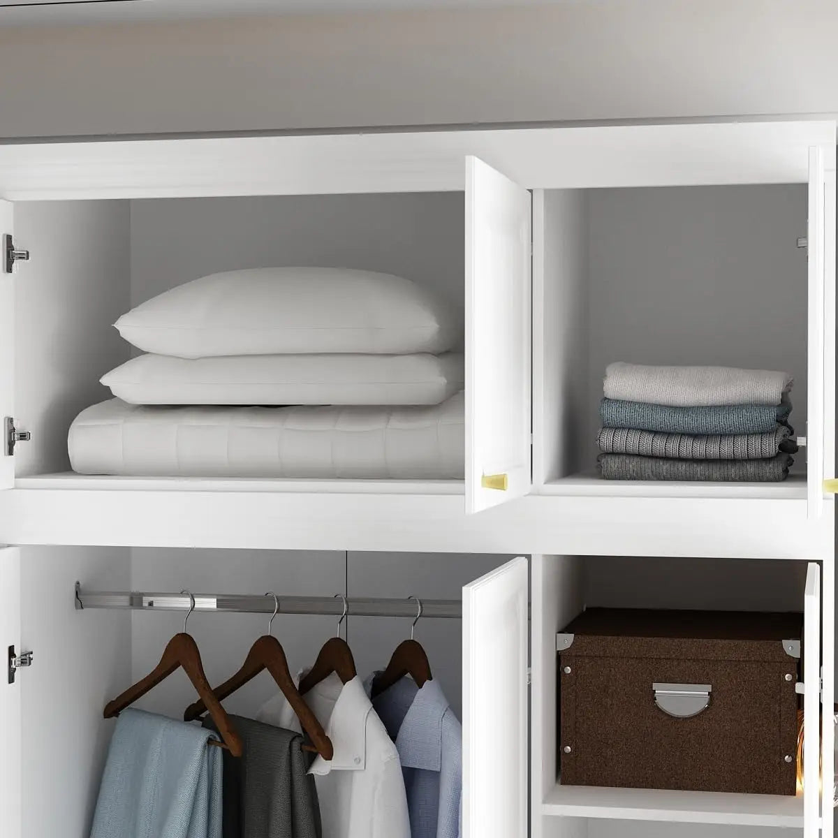 XMSJ Modern White MDF Wood Three-Doors Top Cube Storage One Hanging Rod Gold Metal Handles Four Drawers Bedroom Armoire Triple Wardrobes/Shelves/Dimensions: 47.2"W x 20.6"D x 93.9"H