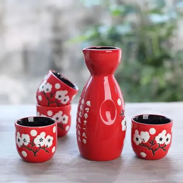 5pcs/set Ceramic Sake Pot Cups Set Flagon Liquor Cup Spirits Cups Set Japanese Bar Wine Set Flower Text Pattern Creative Gifts