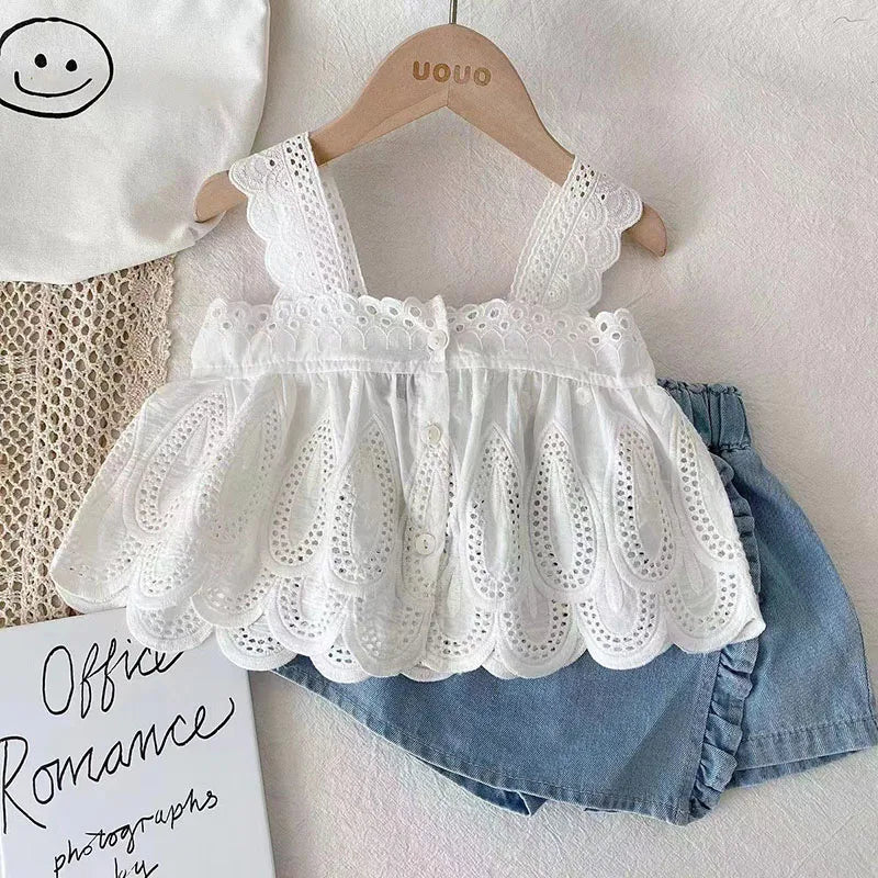 UIVSOUN Newborn Babies Girls-Toddlers Summer Breathable Easy-Snaps Triple Breasted Closure O-Neck Collar Cotton White Lace Sleeveless Shirts-Blue Denim Brace Skirt Sets/Ages: Newborn- 6 Years Old