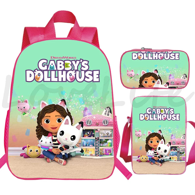 JUNBIE Kids Waterproof Pink Nylon Fabric Cute Cartoon Gabby's Dollhouse Design Zippers Curve Back Shoulder Straps-Handle Built-In Laptop Compartment External Pockets Backpacks/Colors-Pink/Multicolor
