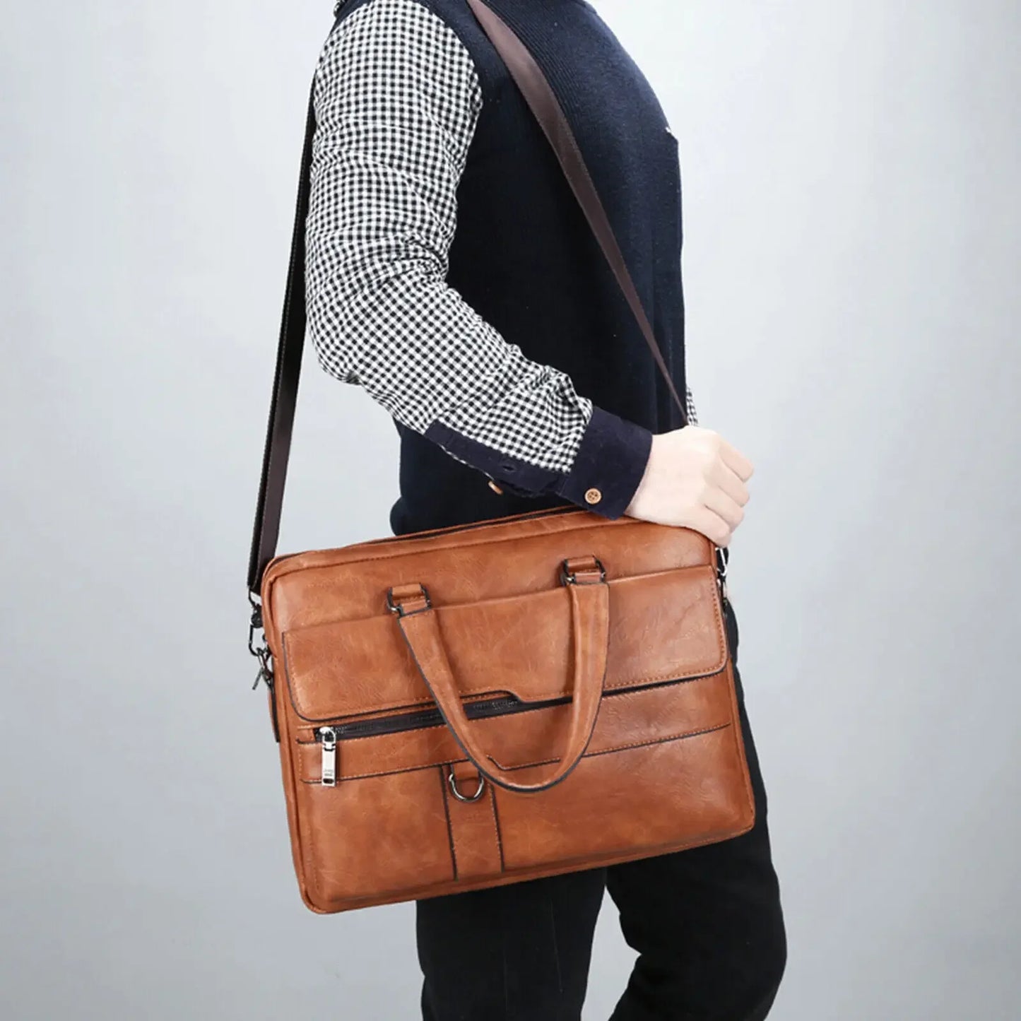 No-EN-Name-Null Men Waterproof Brown-Black Soft Faux Leather Rectangle Shaped Suitcase Padding Interior Polyester Lining Metal Zipper External Pockets Two Handles-Detachable Shoulder Straps External Pockets Built-In Laptop Compartment Business Briefcases