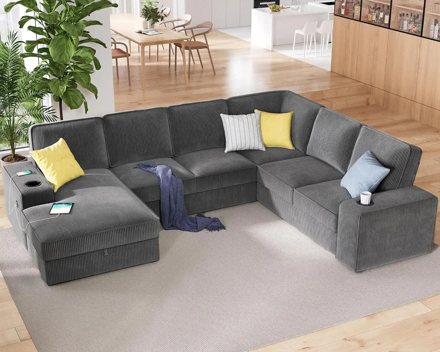 No-EN-Name-Null Modern Oversized U-Shaped 7 Seaters Soft Gray Corduroy Thick Fabric Cushions Chaise Lounge Hidden Storage Two Cup Holders Quick Charge USB Ports Sectional Sofas/Colors-Beige/Gray/Size: 112in x 88in x 33in/Weight Capacity : 2,100 lbs.