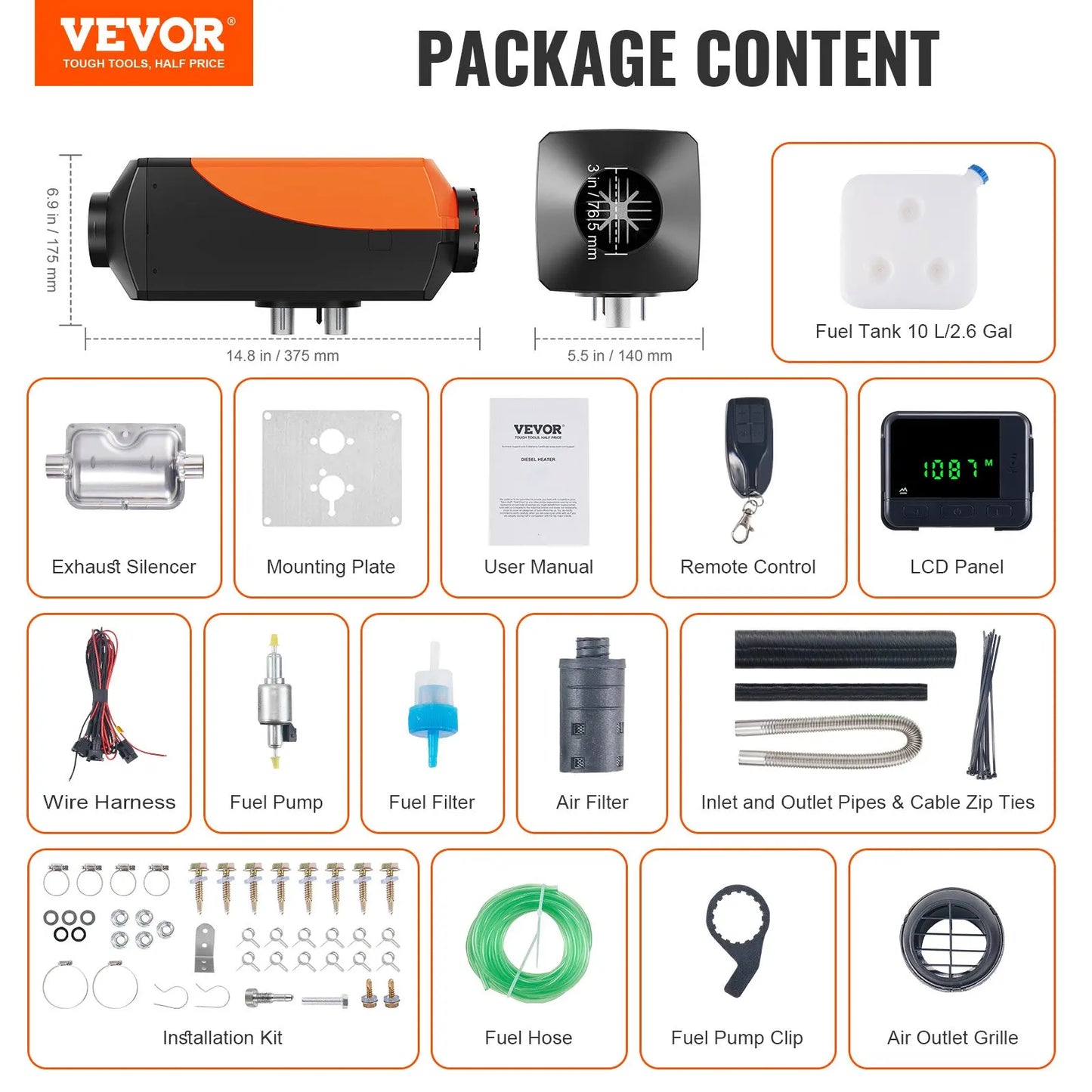VEVOR Orange-Black Body HD LCD Display Silencer Remote Control Low-Noise DC-Powered 5KW Power Air Diesel Space Heaters