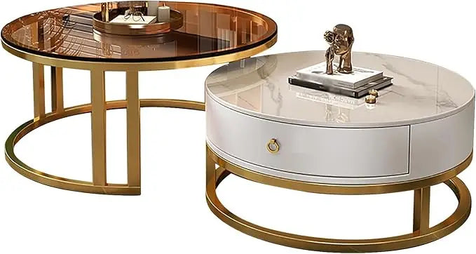 RUO WU Modern Two-In-One Brown Glass Top Metal Frame Base Nesting Coffee Tables/1 Drawer/ Size: 74"D x 74"W x 31"H/Colors-Clear/White/ Silver/ Multicolor