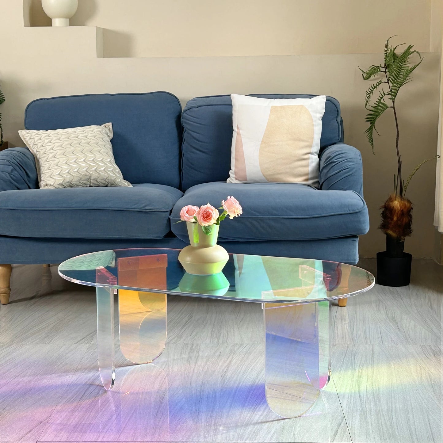 No-EN-Name-Null Modern Curved Corners Long Rectangle Shaped Iridescent Design Clear Acrylic Coffee Tables/Size: 37.4 in (L) x 19.7 in (W) x 14.2IN (H)