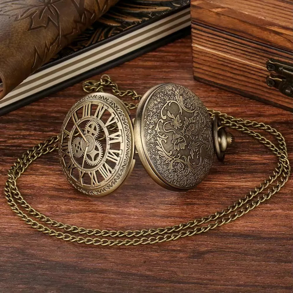 No-EN-Name-Null Adults Antique Brown Bronze Quartz Digital-Analog Display Round Metal Alloy Case Glass Face Hollow-Out Steampunk Gears Roman Numeral Front-Floral Back Design Old Style Pendant Chain-Pocket Watches