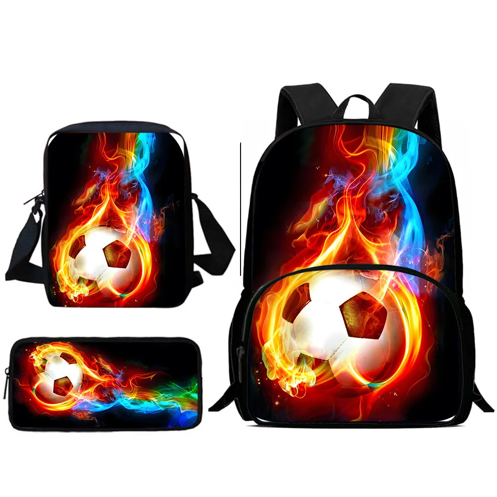 MINISO Kids 3 PCS Large Waterproof Nylon Fabric Zippers Exterior Pockets Printed-Burning Flames Soccer Ball Design Curved Back Shoulder Straps-Handle Sports IPAD Compartment School Backpacks/Color-Black/White/Blue/Multicolor