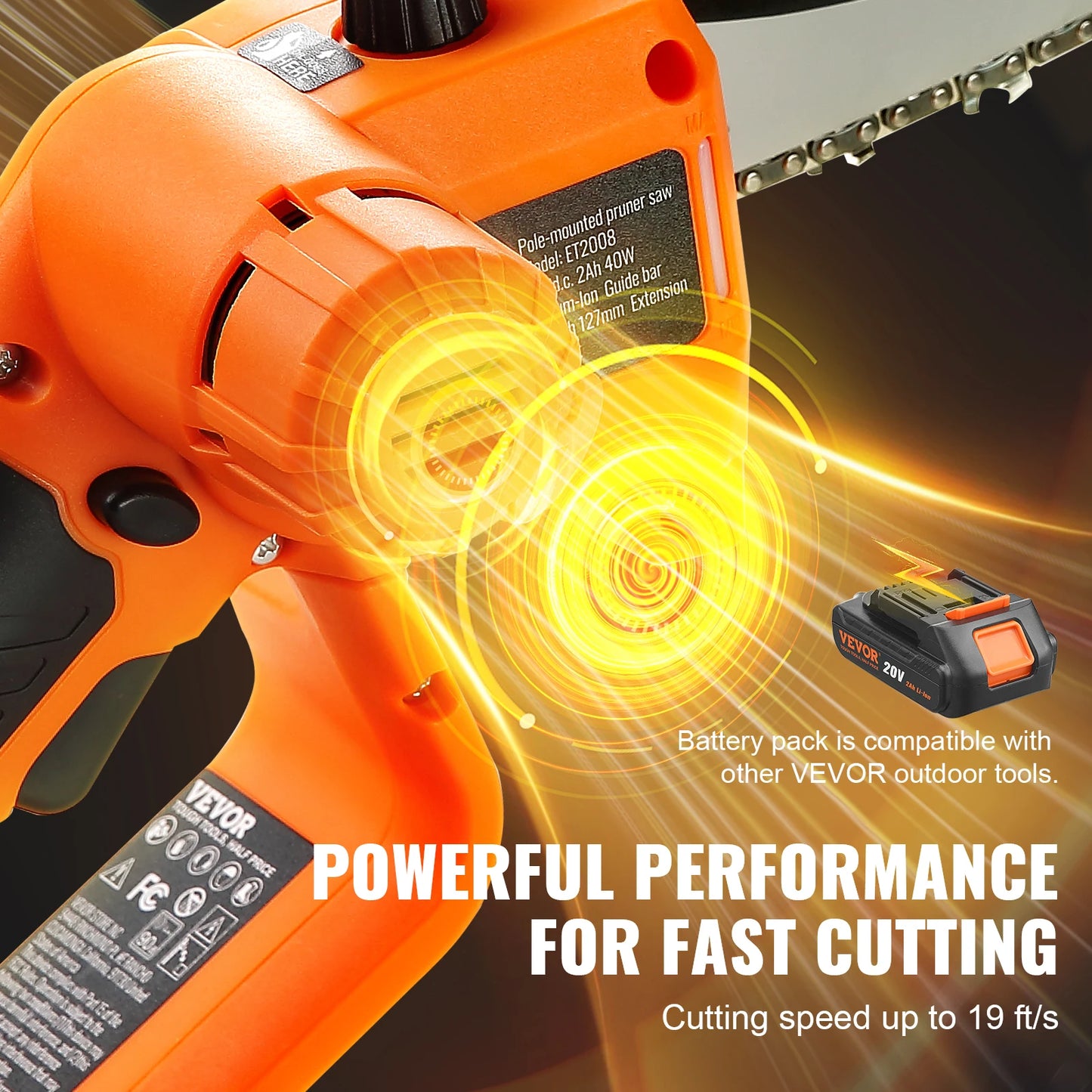 VEVOR Outdoor DC-Powered Rechargeable Battery-Powered 2-in-1 Cordless Orange-Black-Silver Pole Saw-Mini Woodcutting Chainsaw Sets/Outdoor Battery Charger/20V 2Ah Battery/Colors-Orange/Black/Silver