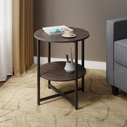 LIVING AND HOME Modern 2 Tier Small Round Shaped Brown Walnut Wood Top Compact Black Iron Metal Frame End Tables /Black Iron Base/ 40cm Table Top
