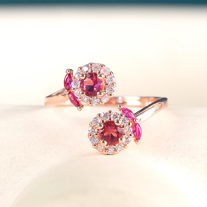 CELLA CITY Women Sterling Silver Rose Gold Plated Metal Shiny Floral Flower Shapes Zircon Clear White-Garnet Ruby Red Gemstones Adjustable Size Fine Cocktail Band Rings/Colors-Red/Floral/Geometric