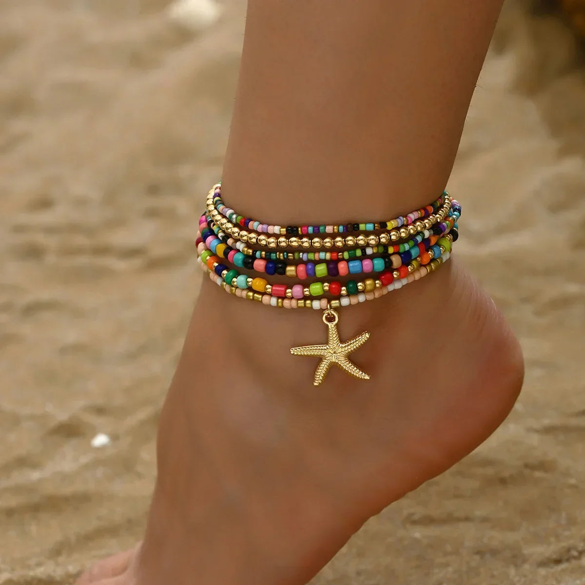 No-EN-Name-Null Women Geometric Multilayer Bohemia Acrylic Rice Bead Starfish Pendant Cable Chain Link Anklets/Colors-Brown/Gold/Geometric/Multicolor
