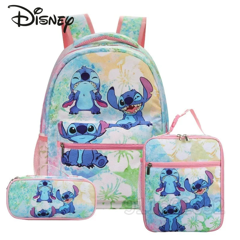 Disney Kids Large 3 PCS Cute Cartoon Stitch Movies-TV Theme Design Pink Polyester Fabric  Shoulder Straps-Handle Zipper Pockets School Backpacks Sets/Pencil Case/Small Accessory Bag/Colors-Multicolor/Pink/Blue