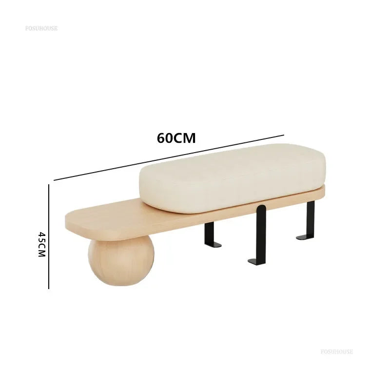 FOSUHOUSE Modern Curved Corners White Rectangle Shaped Soft Plush Thick Cushions Seat Solid Pine Wood Round Ball Sphere At The End Black Three Metal Legs Entryway Benches