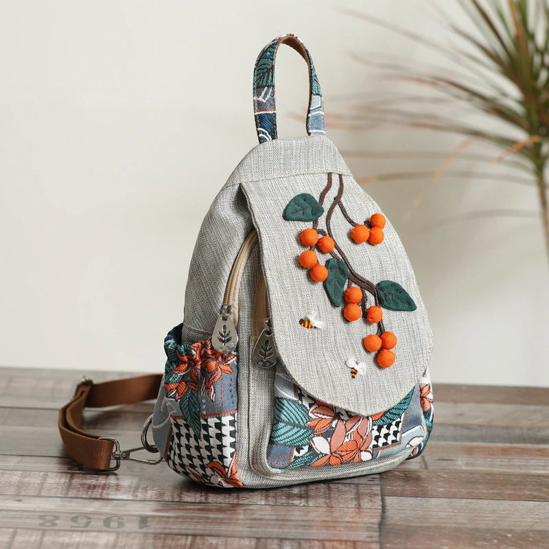 No-EN-Name-Null Women Large Lightweight Light Gray Polyester Fabric Mainland China Multicolor Floral Design Zippered External Front Pockets Back Zippered Shoulder Straps-Handle Single Compartment Travel Backpacks
