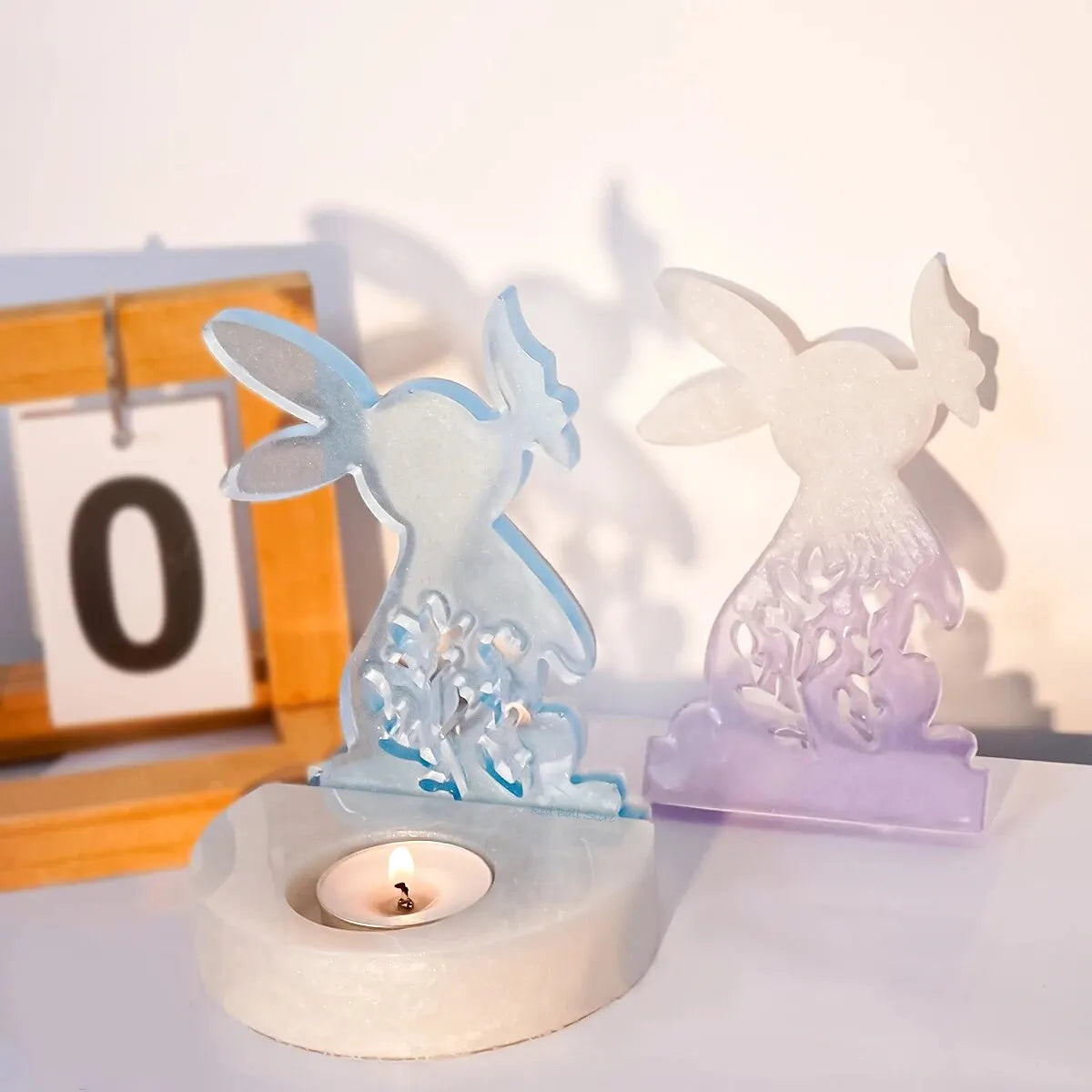 UDOCOOL ALL AGES DIY Clear Transparent Rabbit-Kissing Butterfly Round Base Tea Light Candleholder Kit White Milky Silicone Craft Molds