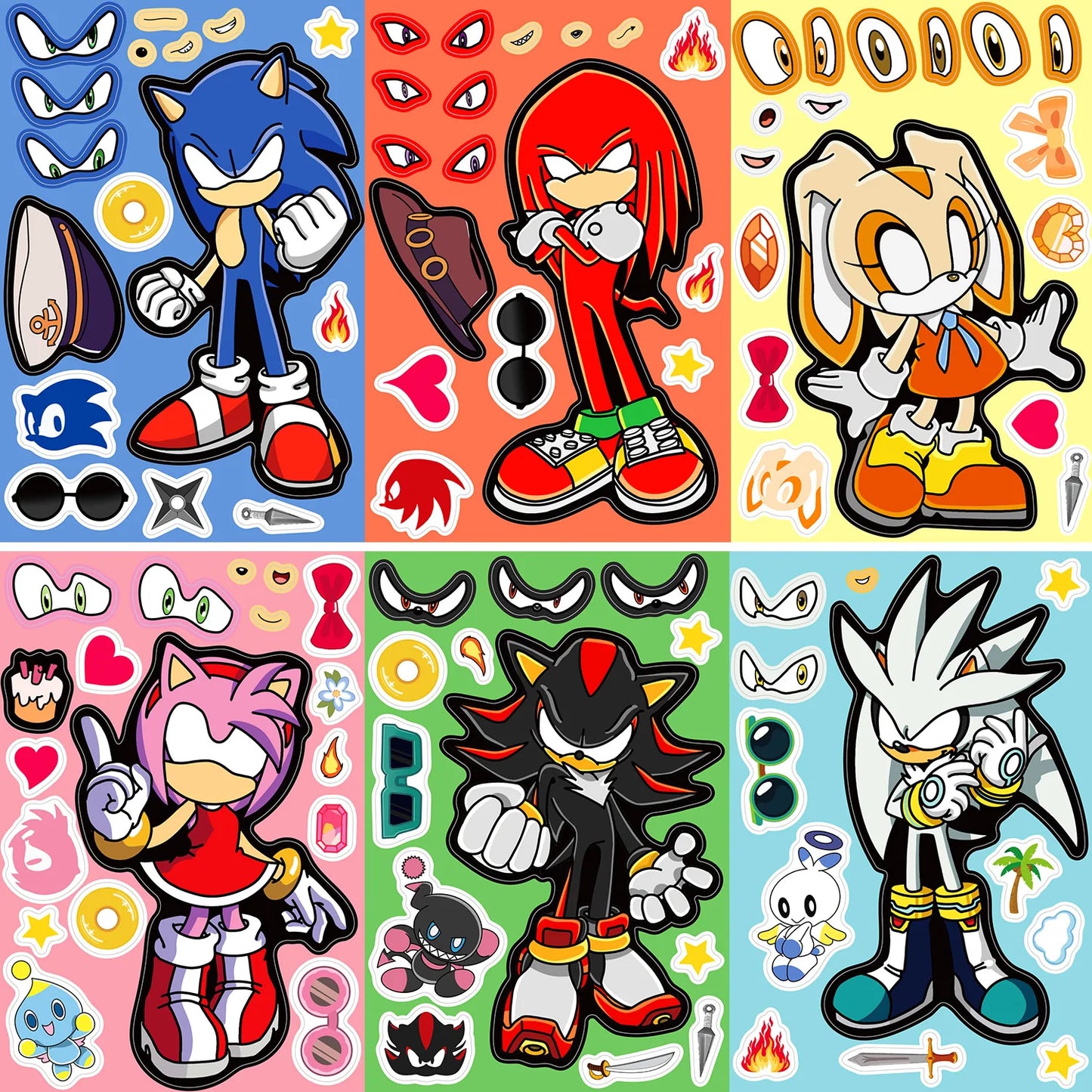 8 Sheets Plastic Multicolor Cute Cartoon Funny Kawaii Anime Sonic The Hedgehog Puzzle Make A Face Sticker Books/Ages: 6-12 + Years Older