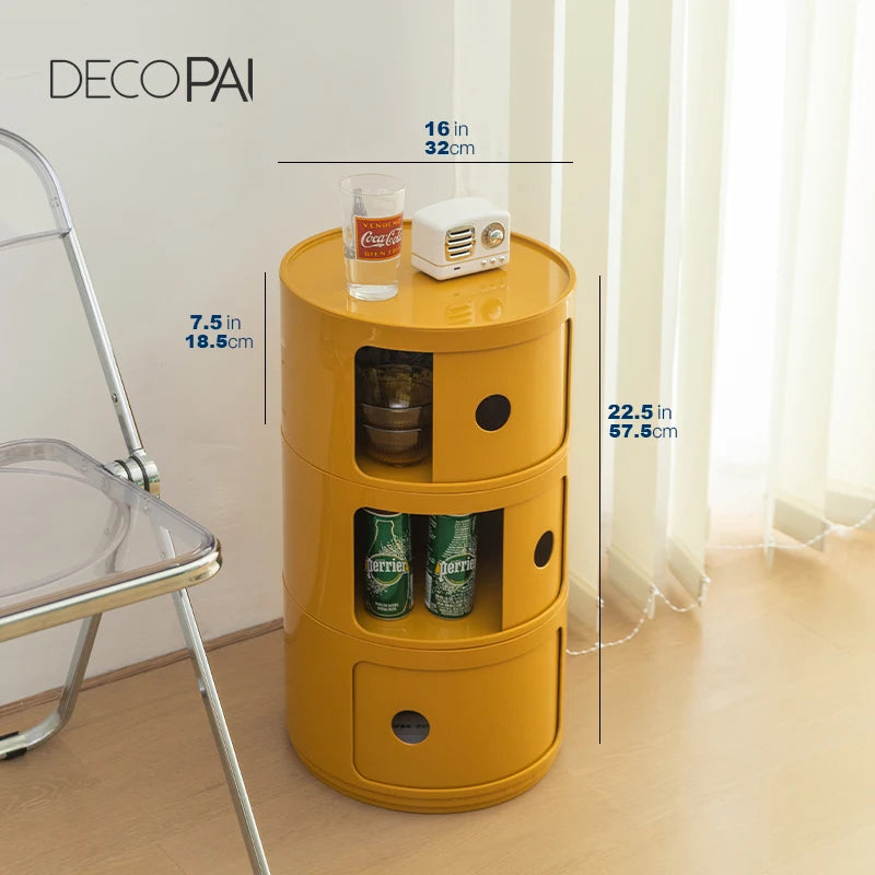 DECOPAI Modern Multicolor Waterproof Tall Plastic Round Shaped Small Narrow Three Sliding Drawers Nightstands /Multicolor