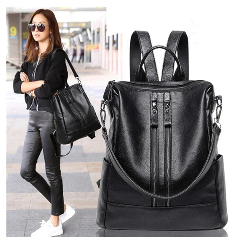 No-EN-Name-Null Women Lightweight Convertible Zippers Soft Black Faux Leather Travel Detachable Shoulder Straps-Two Handles Single 9-7 Inch IPAD Compartment Backpacks